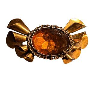 Vintage Brooch Brass Tone‎ Large Rhinestone Fluted Setting 4 inch Pin